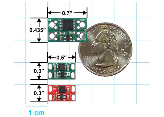 Size comparison of the Pololu Reverse Voltage Protectors: 60V, 20A/25A (top); 60V, 10A/12A (middle); and 75V, 8A (bottom).