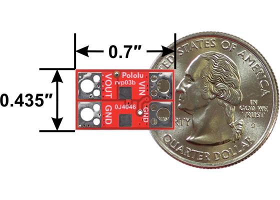 Pololu Reverse Voltage Protector, 4-75V, 17A. bottom view with dimensions and a US quarter for size reference.
