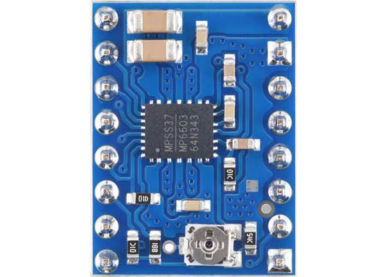 MP6603 Stepper Motor Driver Carrier (Soldered Header Pins), top view.