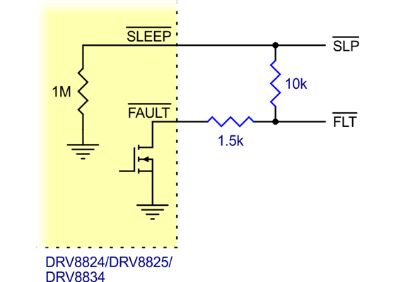 Schematic of nSLEEP and nFAULT pins on DRV8824/DRV8825/DRV8834 carriers.