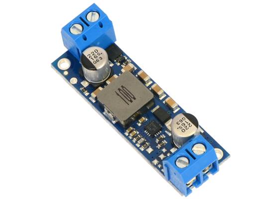 Pololu fixed step-up voltage regulator U3V50Fx, assembled with included terminal blocks.