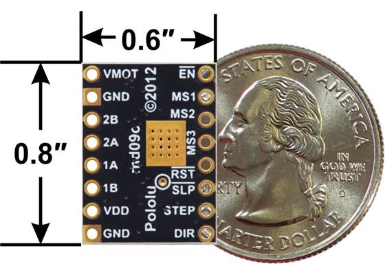 A4988 stepper motor driver carrier, Black Edition, bottom view with dimensions.