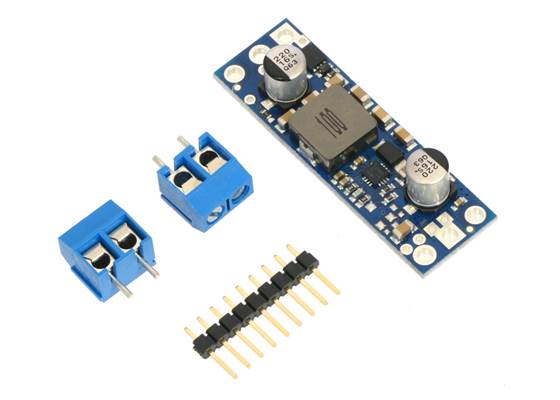 Pololu fixed step-up voltage regulator U3V50Fx with included optional terminal blocks and header pins.
