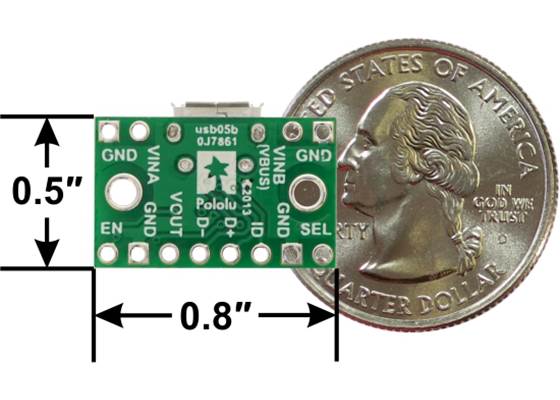 FPF1320 power multiplexer carrier with USB Micro-B connector, bottom view with dimensions.