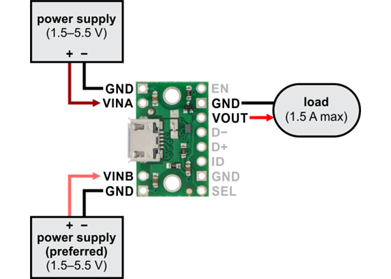 Typical connection diagram for using the FPF1320 power multiplexer carrier without USB.
