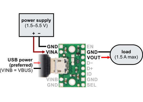 Typical connection diagram for using the FPF1320 power multiplexer carrier with USB as the preferred supply.