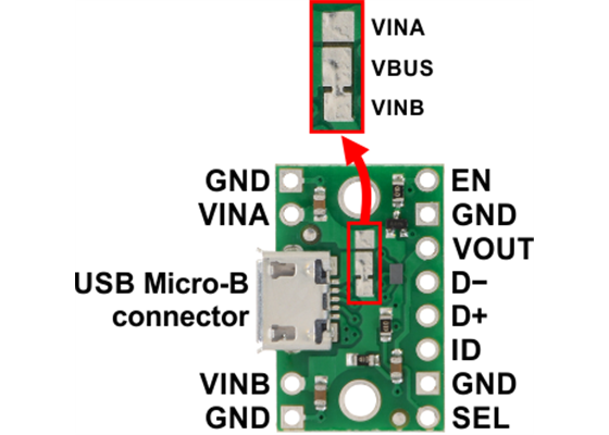 FPF1320 power multiplexer carrier with USB Micro-B connector pinout.