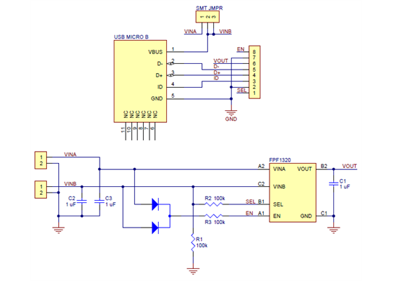 FPF1320 power multiplexer carrier with USB Micro-B connector schematic diagram.