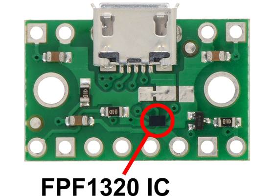 FPF1320 IC on the FPF1320 power multiplexer carrier with USB Micro-B connector.