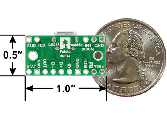 TPS2113A power multiplexer carrier with USB Micro-B connector, bottom view with dimensions.
