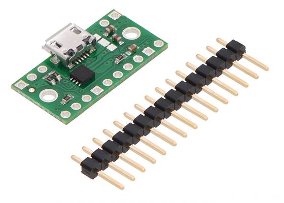 TPS2113A power multiplexer carrier with USB Micro-B connector with included optional header pins.