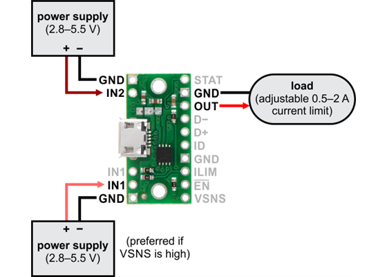 Typical connection diagram for using the TPS2113A power multiplexer carrier without USB.