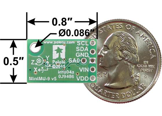 Pololu MinIMU-9 v5 gyro, accelerometer, and compass, bottom view with dimensions.