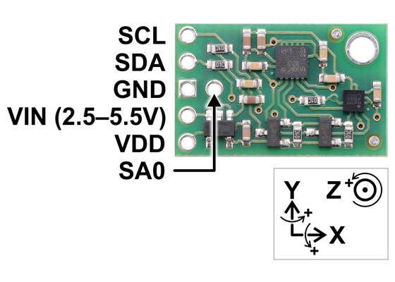 Pololu MinIMU-9 v5 gyro, accelerometer, and compass pinout.