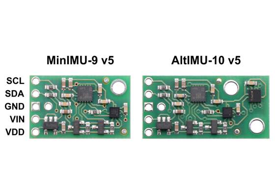 Side-by-side comparison of the MinIMU-9 v5 with the AltIMU-10 v5.