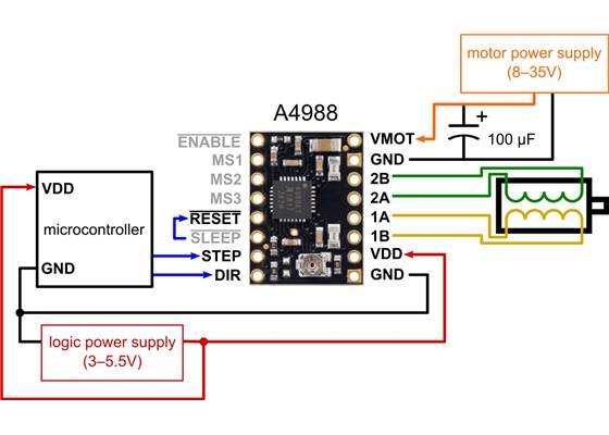 Minimal wiring diagram for connecting a microcontroller to an A4988 stepper motor driver carrier (full-step mode).