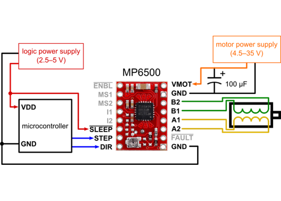 Minimal wiring diagram for connecting a microcontroller to an MP6500 Stepper Motor Driver Carrier, Potentiometer Current Control (full-step mode).