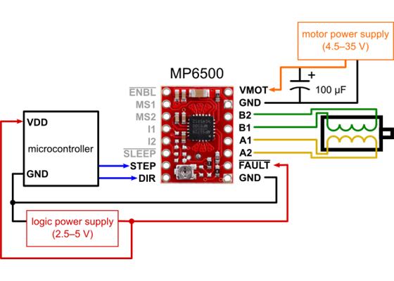 Alternative minimal wiring diagram for connecting a microcontroller to an MP6500 Stepper Motor Driver Carrier, Potentiometer Current Control  (full-step mode).