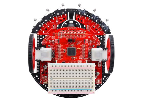 Top view of Pololu Chassis Kit for TI-RSLK MAX, assembled with breadboard and TI MSP432 LauchPad (not included).