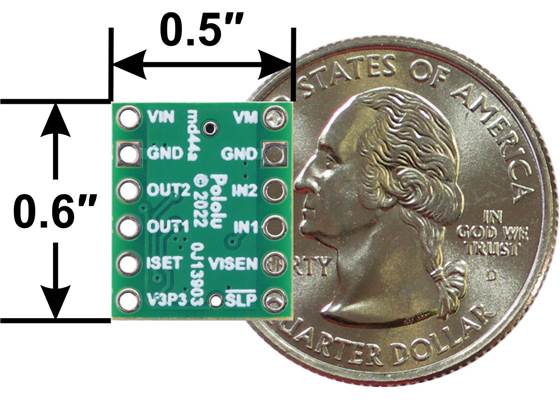 MP6550 Single Brushed DC Motor Driver Carrier, bottom view with dimensions.
