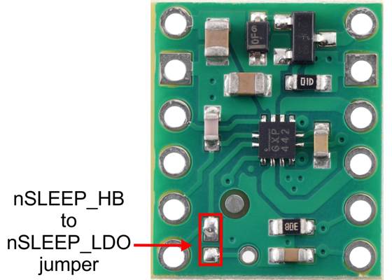 nSLEEP_HB to nSLEEP_LDO jumper on the MP6550 Single Brushed DC Motor Driver Carrier.
