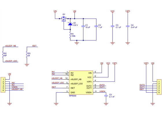 Schematic diagram for the MP6550 Single Brushed DC Motor Driver Carrier.