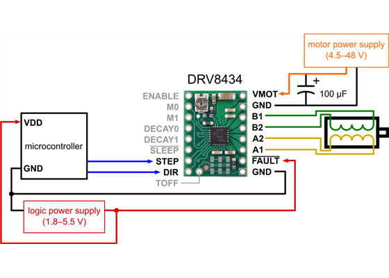 Alternative minimal wiring diagram for connecting a microcontroller to a DRV8434 stepper motor driver carrier (1/128-step mode, smart tune dynamic decay mode).