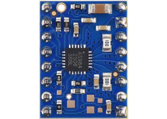 A5984 Stepper Motor Driver Carrier, Fixed 1.5A@5V / 1A@3.3V, Blue Edition (Soldered Header Pins), top view.