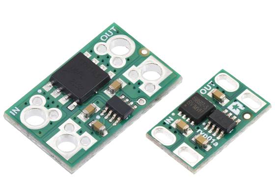 60V-max Pololu Reverse Voltage Protectors are available in 20A/25A (left) and 10A/12A (right) versions.