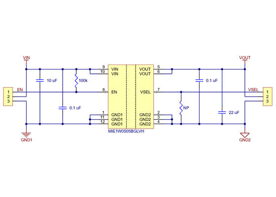 Schematic diagram of the Isolated DC-DC Power Module, MIE1W0505BGLVH, 5V/3.3V, 200mA.