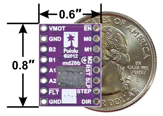 TB67S581FNG Stepper Motor Driver Carrier, bottom view with dimensions.
