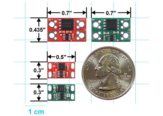 Size comparison of the Pololu Reverse Voltage Protectors: 75V, 17A (larger red PCB); 60V, 20A/25A (larger green PCB); 75V, 8A (smaller red PCB); and 60V, 10A/12A (smaller green PCB).