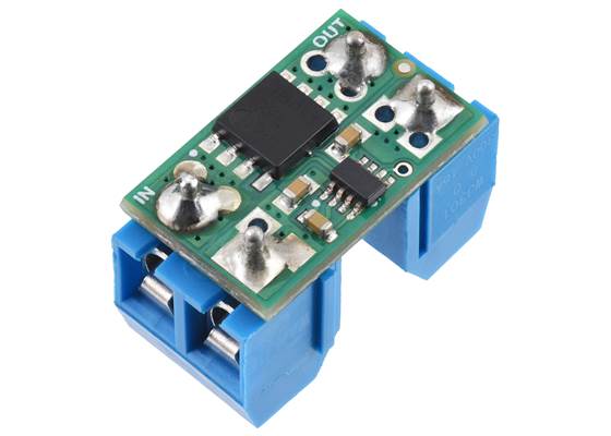 Pololu 20A/25A Reverse Voltage Protector with a pair of two-pin, 5mm-pitch screw terminal blocks (not included).