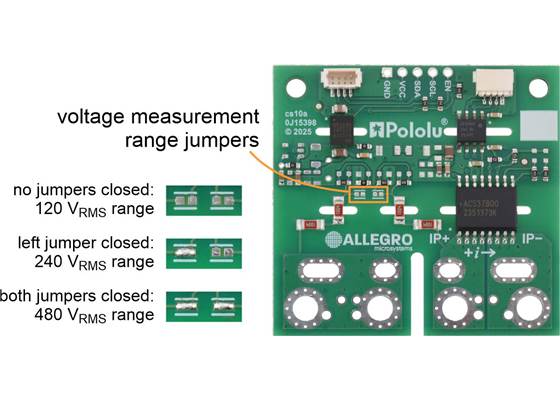 Voltage measurement range jumpers on the ACS37800KMACTR-030B3-I2C Power Monitor Carrier with Secondary I²C Isolation.
