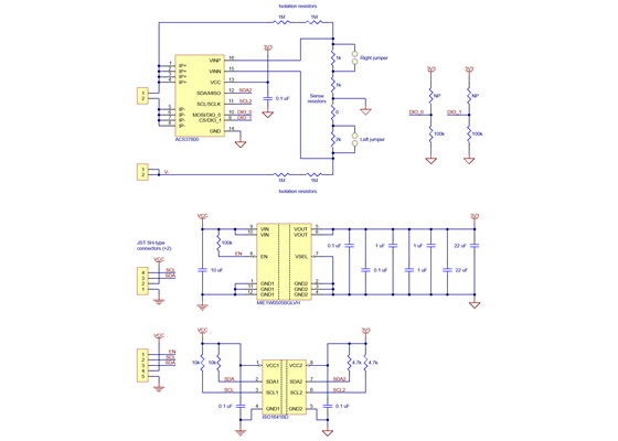 Schematic diagram for the ACS37800KMACTR-030B3-I2C Power Monitor Carrier.