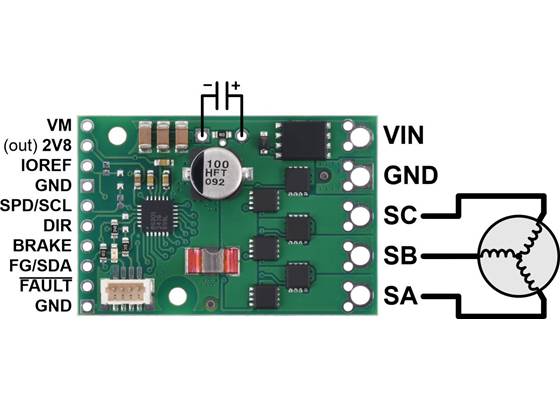 A89301-Based Sensorless Brushless Motor Controller, 50V, 11A, top view with labeled pinout.