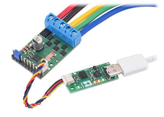 An A89301-Based Sensorless Brushless Motor Controller connected to a computer with a Pololu Isolated USB-to-I²C Adapter (IOREF shorted to 2V8).