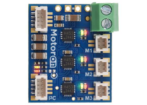 Motoron M3T453 Triple I²C Motor Controller with JST SH-Style Connectors and VIN Terminal Block, top view.