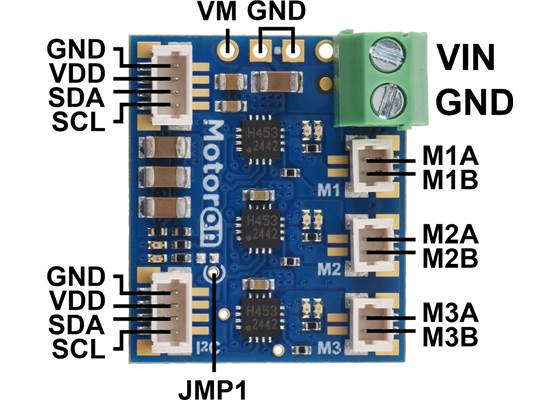 Pinout of the Motoron M3T453 Triple I²C Motor Controller with JST SH-Style Connectors and VIN Terminal Block.