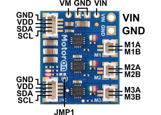 Pinout of the Motoron M3T453 Triple I²C Motor Controller with JST SH-Style Connectors.