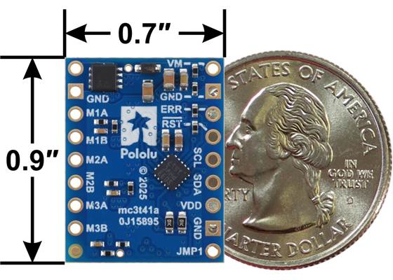 Motoron M3T453 Triple I²C Motor Controller with 0.1″-Pitch Through-Holes, bottom view with basic dimensions and a US quarter for size reference.