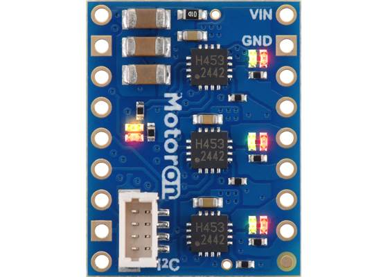Motoron M3T453 Triple I²C Motor Controller with 0.1″-Pitch Through-Holes, top view.