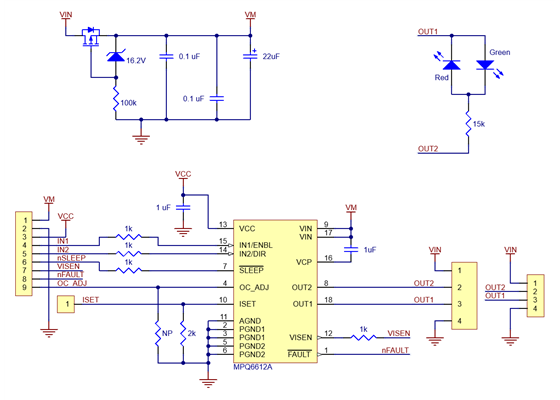 Schematic diagram of the MPQ6612A Single Brushed DC Motor Driver Carrier.