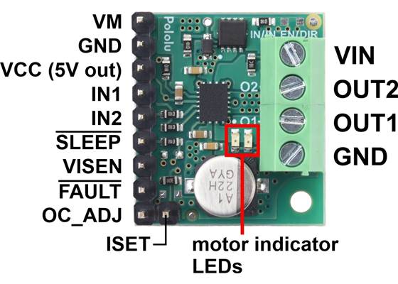Pinout of the MPQ6612A Single Brushed DC Motor Driver Carrier (Soldered Connectors).