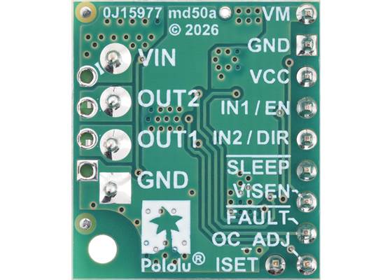 MPQ6612A Single Brushed DC Motor Driver Carrier (Soldered Connectors), bottom view. (1)