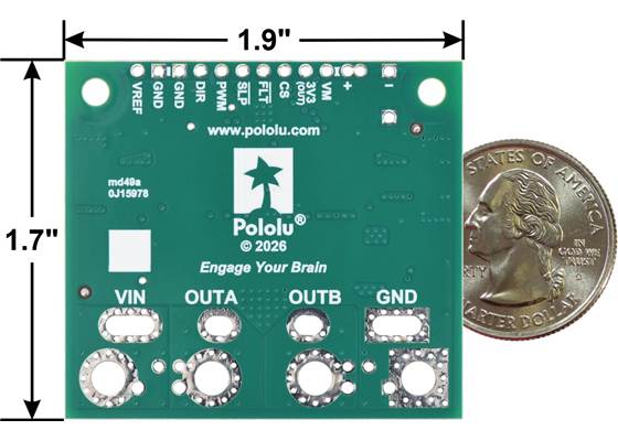 Pololu G2 High-Power Motor Driver 24v30 CS, bottom view with dimensions and a US quarter for size reference.