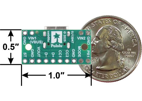 TPS2116 Power Multiplexer Carrier with USB Type-C Connector (USB priority), bottom view with dimensions.