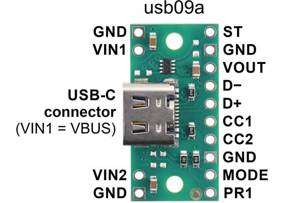 Pinout of the TPS2116 Power Multiplexer Carrier with USB Type-C Connector (USB priority).
