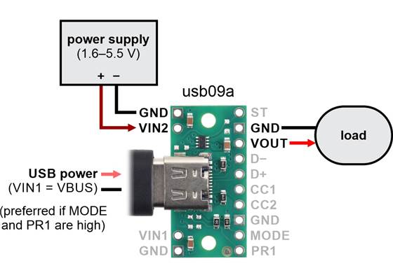 Typical connection diagram for using a TPS2116 power multiplexer carrier (usb09a) with USB as the preferred supply in priority mode.