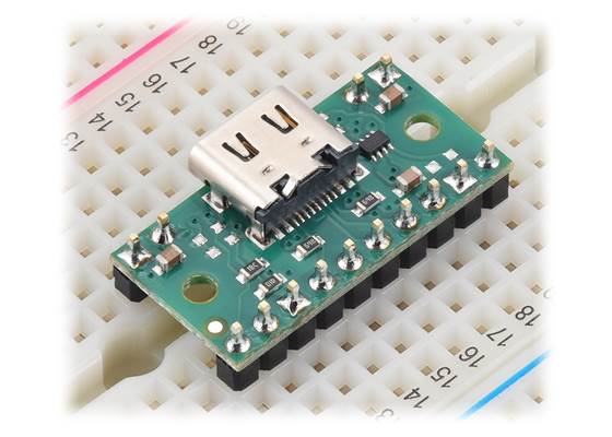 TPS2116 Power Multiplexer Carrier with USB Type-C Connector in a breadboard.